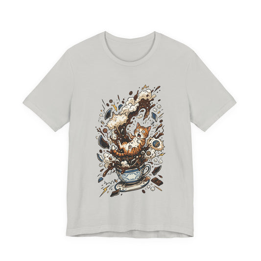 VOID - Cat Coffee Splash T‑Shirt — Cute Kitten Popping Out of Exploding Coffee Cup Tee