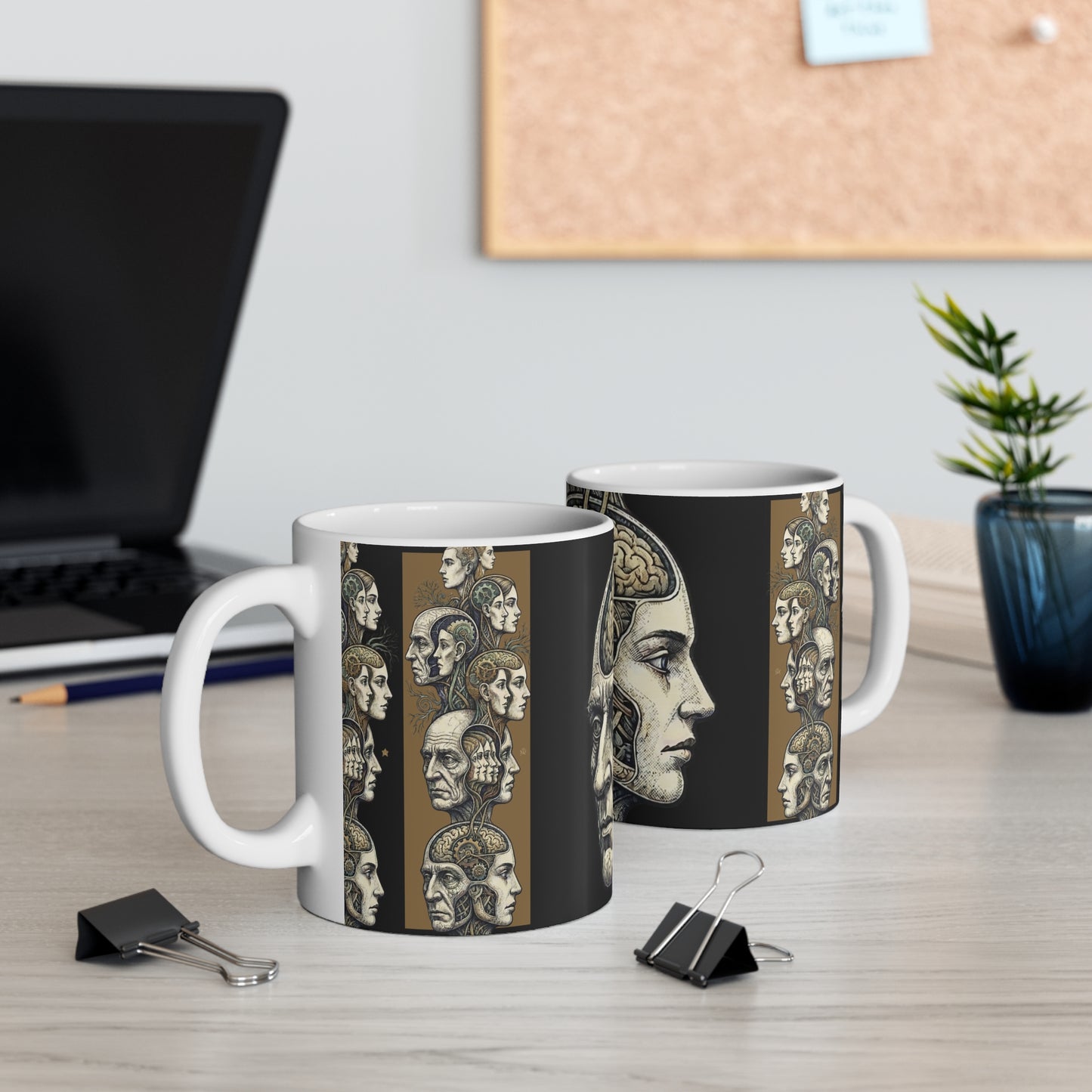 Family Of Thought - New Design 1 - 11oz Mug Ambi Handle - Anatomical Brain Gear Mug — Vintage Steampunk Heads Coffee Cup (11oz)