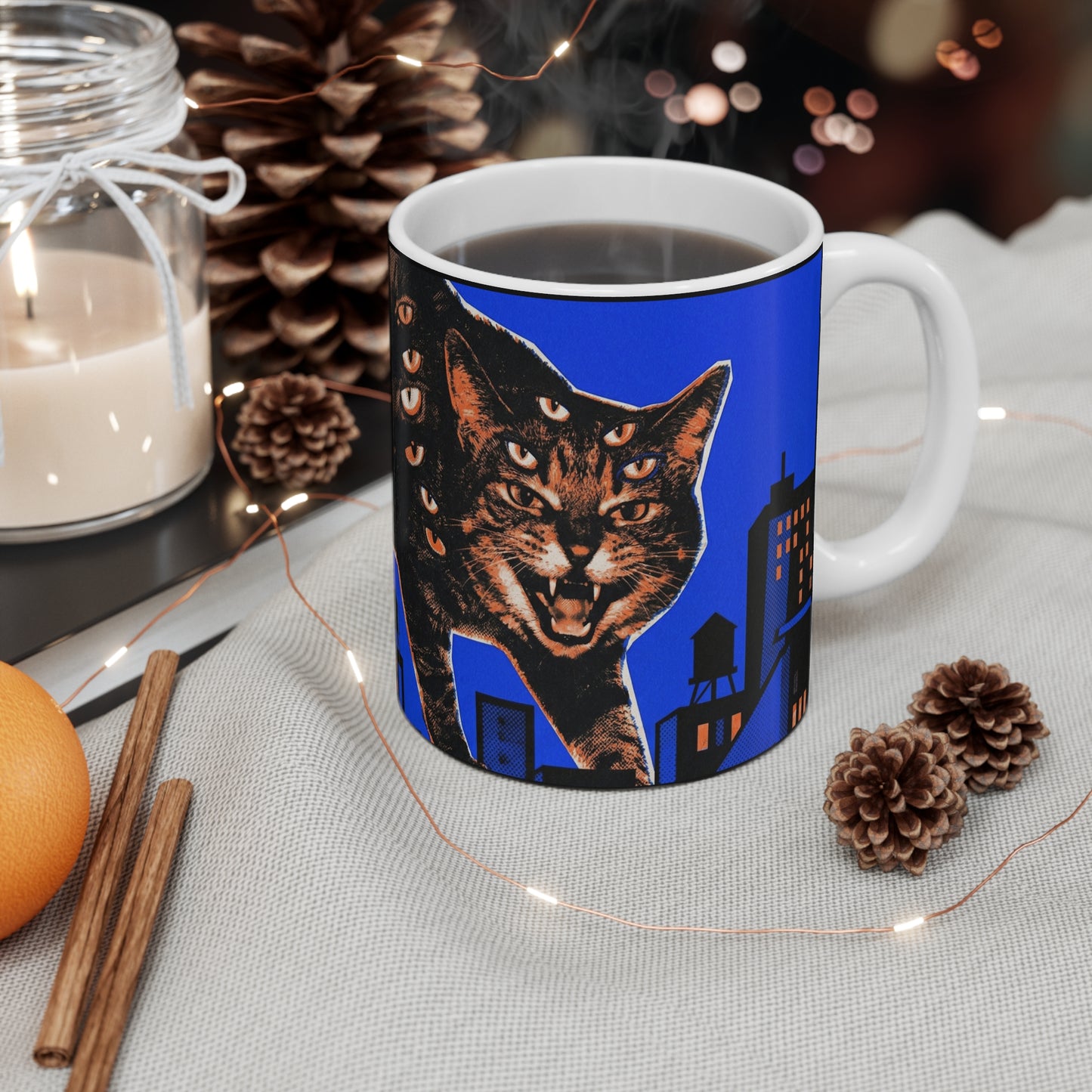 CityCat - Blue Collage Poster - 11oz Mug Right Handle Wraparound - Spooky Multi-Eyed Black Cat Coffee Mug - Halloween Night Skyline 11oz