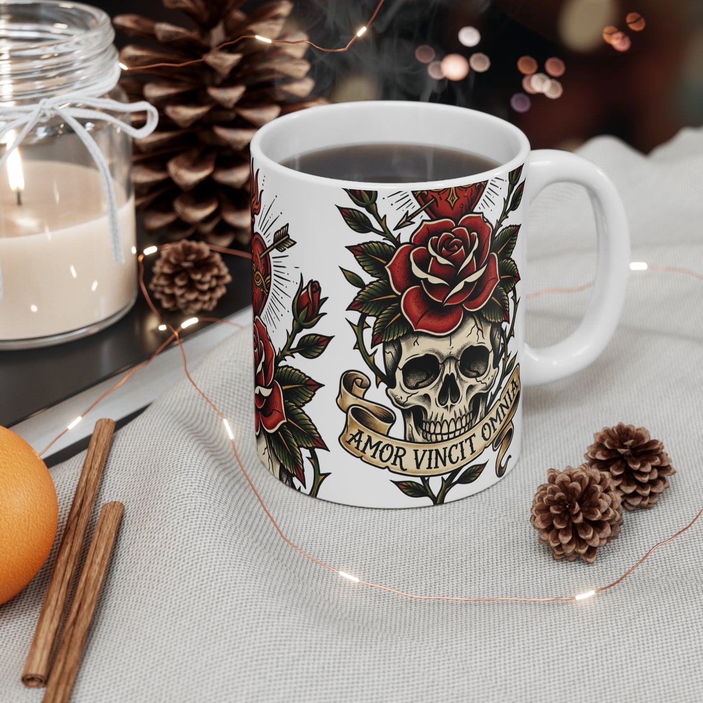 AVO - V1 #1 - 11oz Mug Ambi Handle — Sacred Heart & Skull Tattoo Art with 'Amor Vincit Omnia' Banner