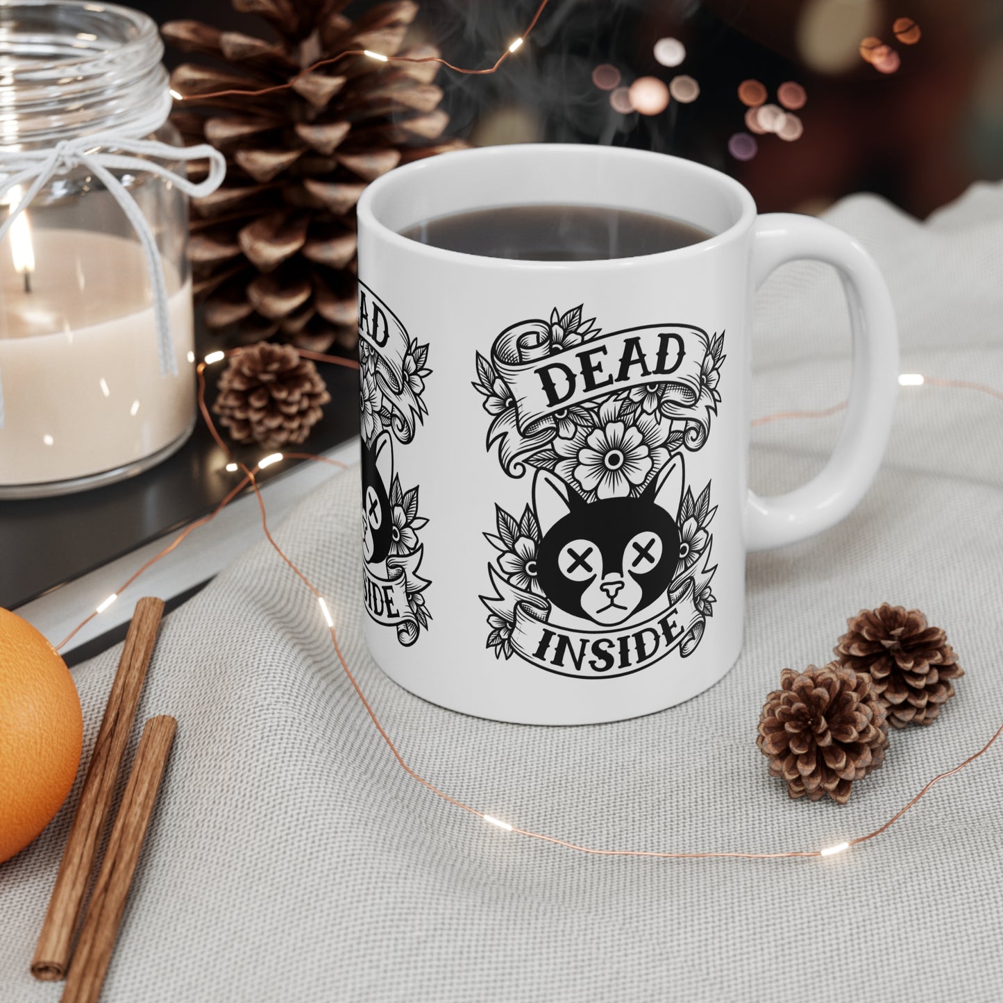 VOID - Dead Inside Cat Mug — Gothic Floral Tattoo 11oz Coffee Cup