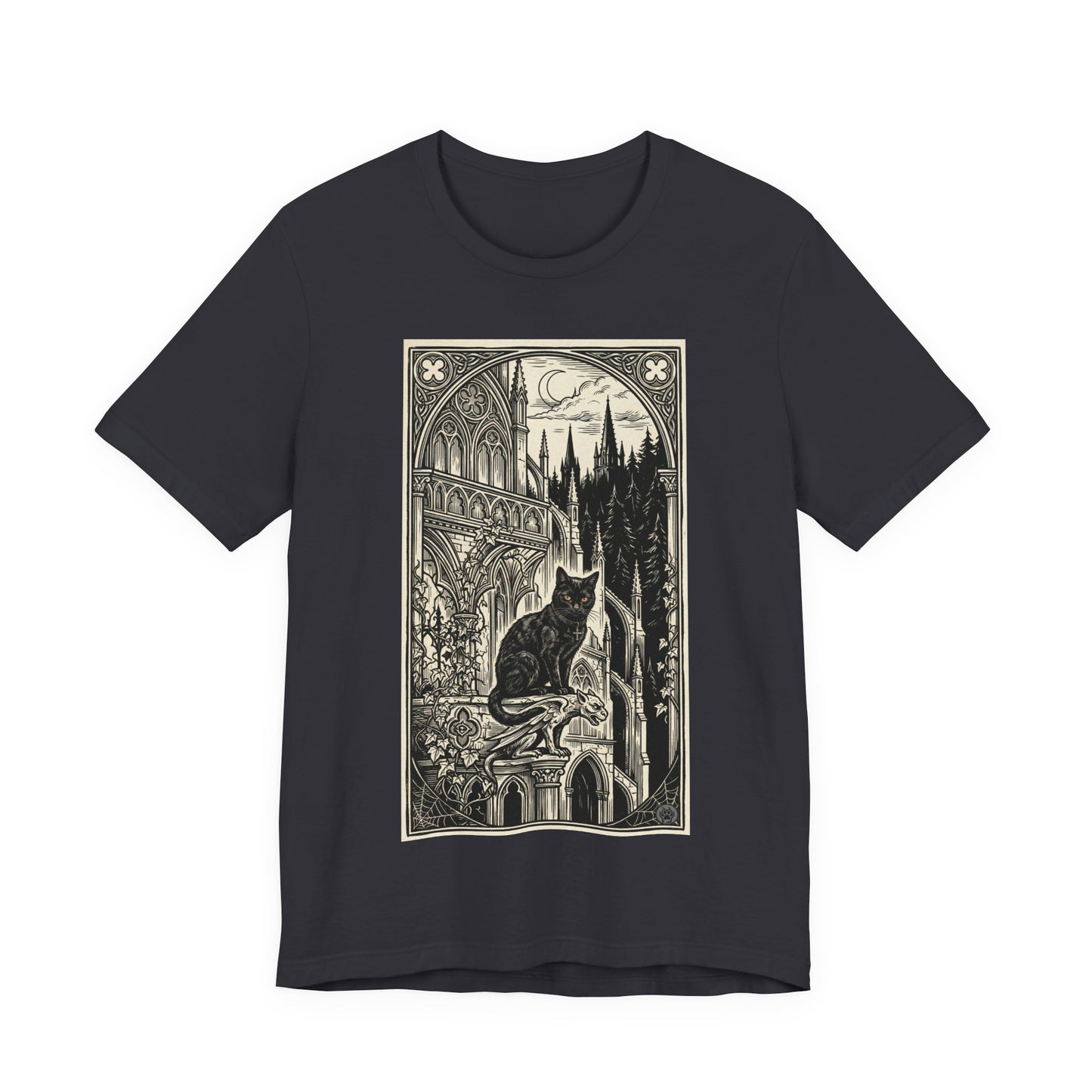 DarkArts Collection - Cat Vertical - Gothic Black Cat T-Shirt — Midnight Cathedral Illustration Tee