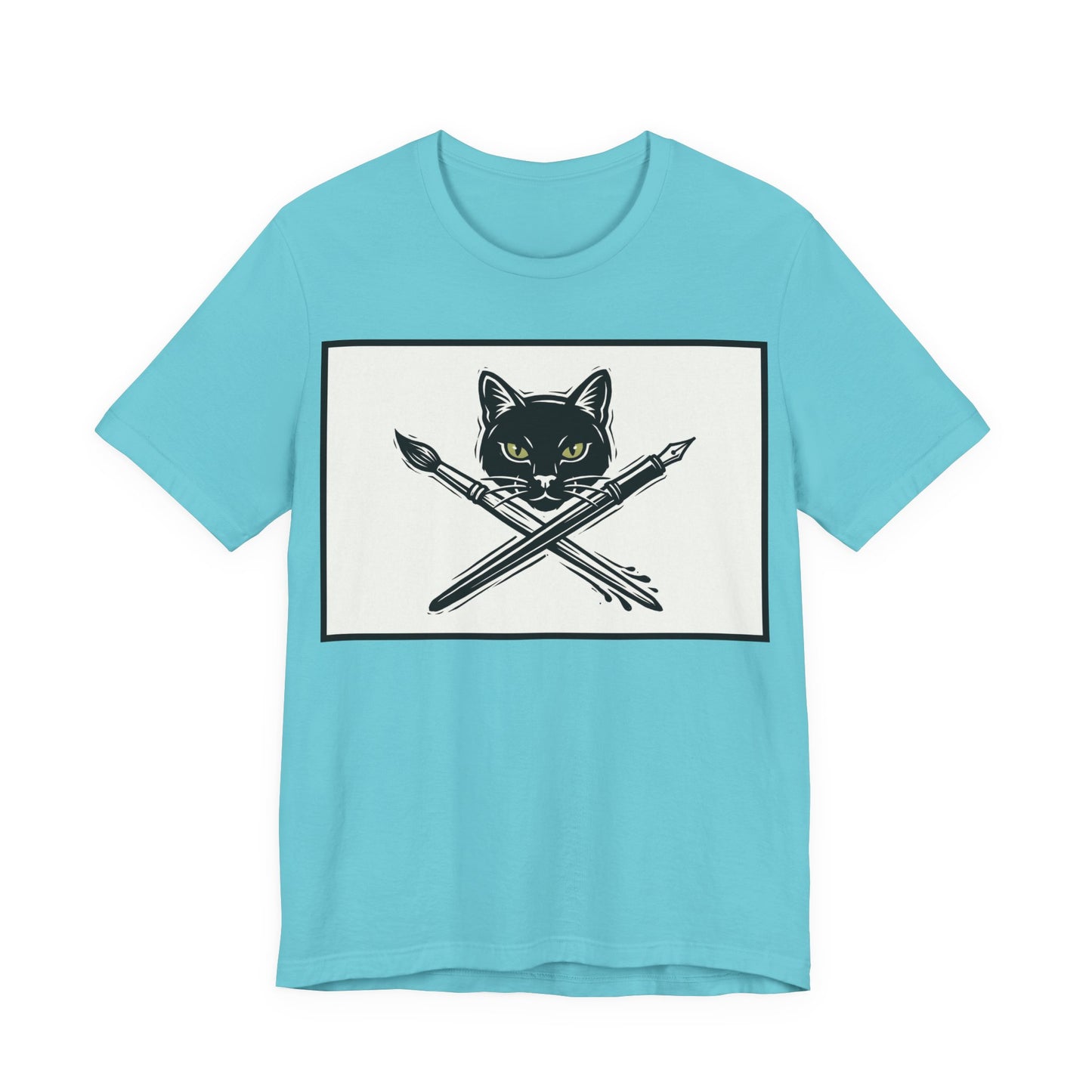 Creative Cat T‑Shirt – Black Cat with Crossed Paintbrush & Pen Graphic