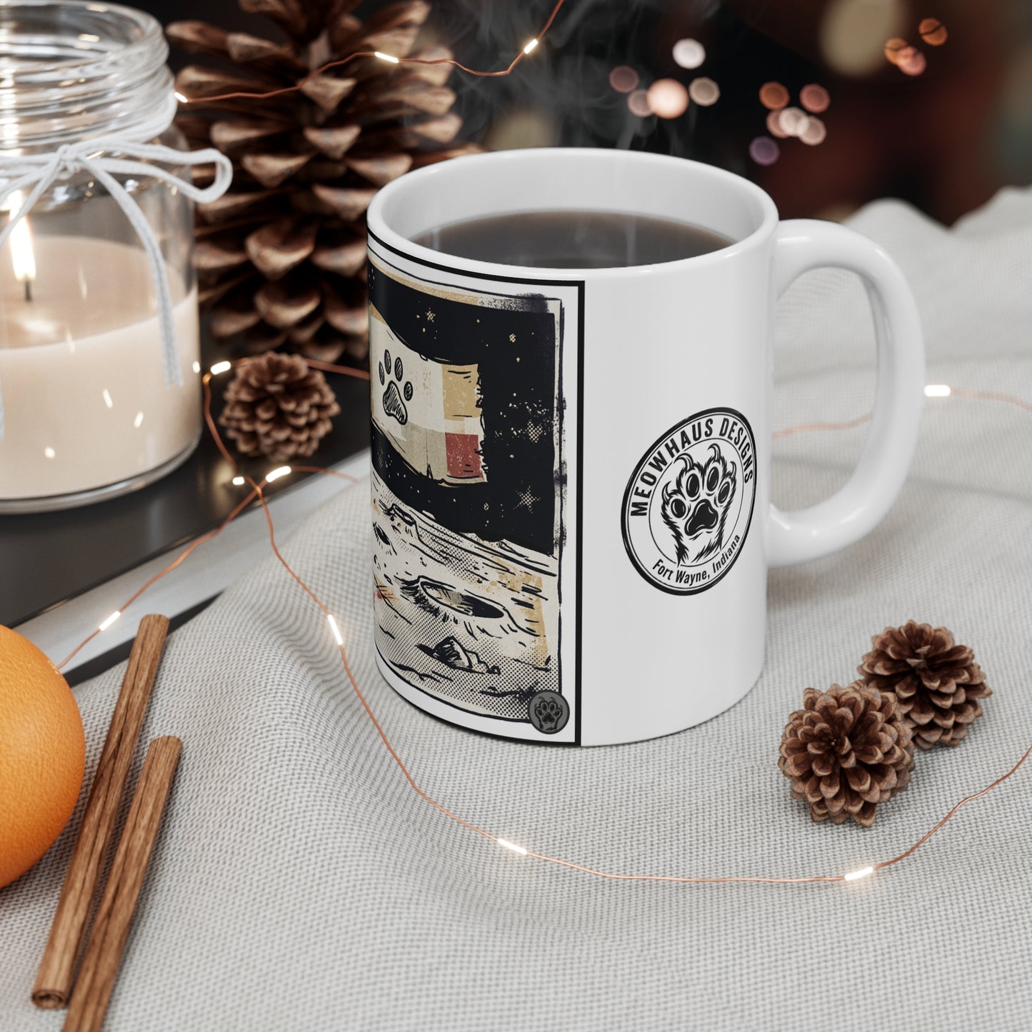 SpaceCat - Conquers The Moon (Horizontal) - 11oz Mug Left Handle - Cat Space Astronaut Coffee Mug 11oz — "One Small Step" Pet Paw Moon Mug