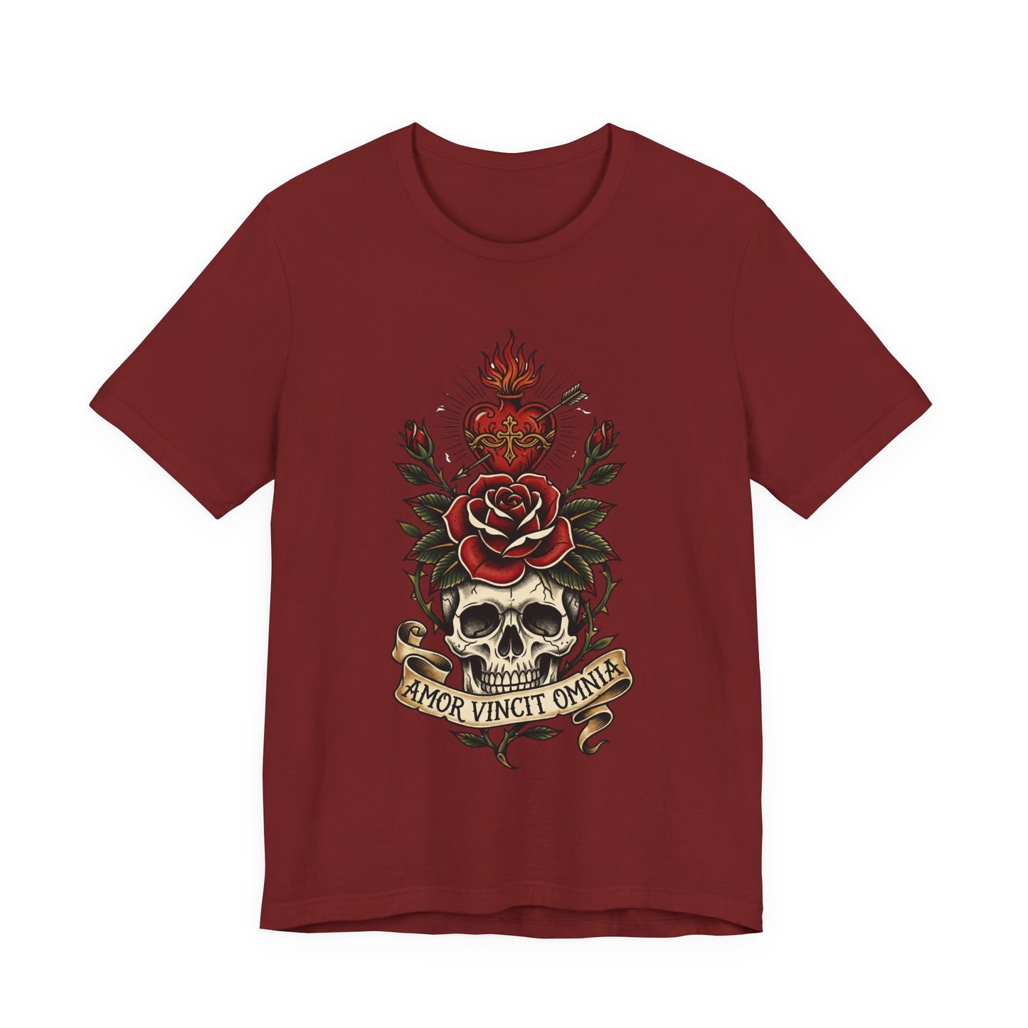 AVO - Tattoo T-Shirt — 'Amor Vincit Omnia' Skull & Rose Sacred Heart Tee
