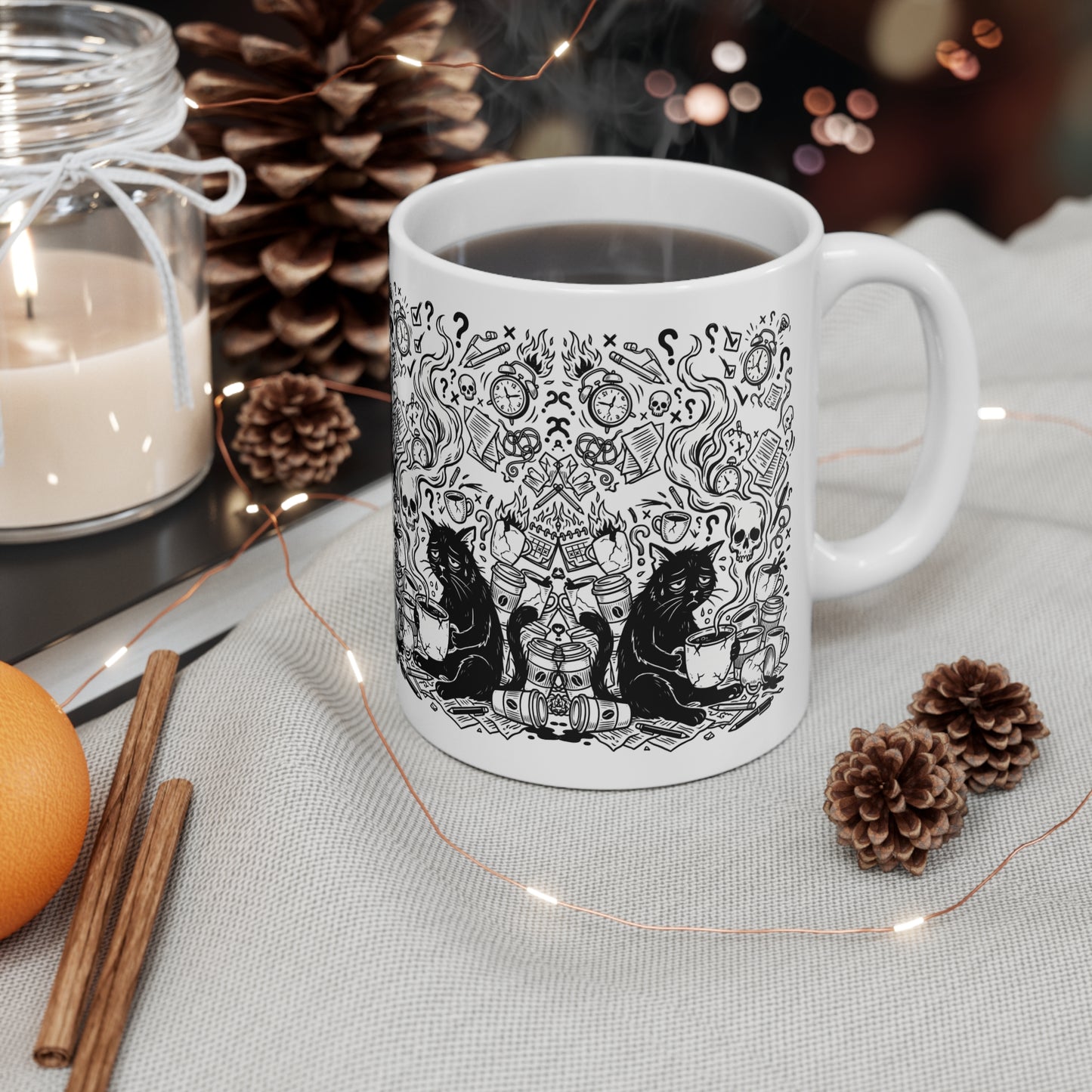 VOID - Overwhelmed Gothic Black Cat Coffee Mug — 11oz Occult Skull Doodle Design