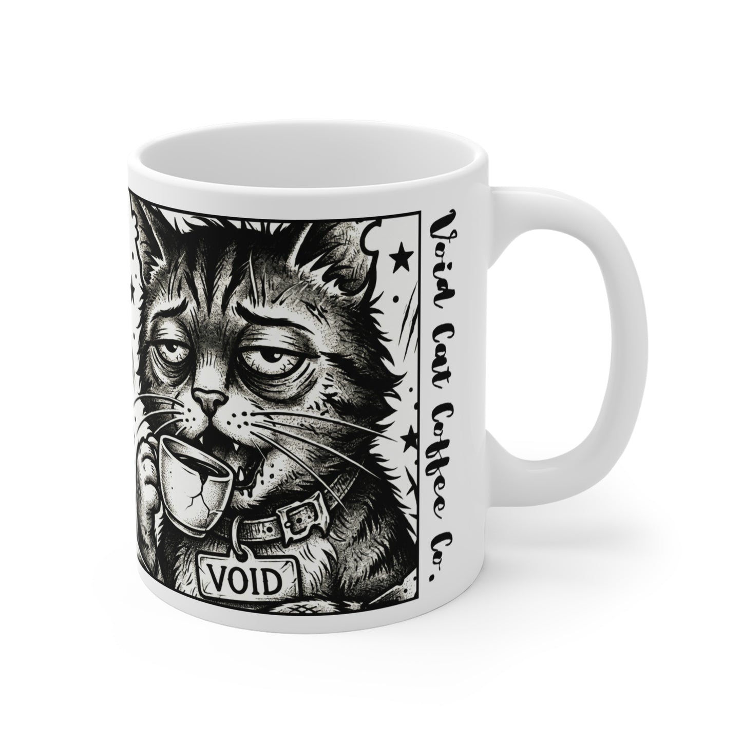 VOID - 11oz Mug - Cat Coffee Mug — 'Void' Vintage Black & White Cat with Cup