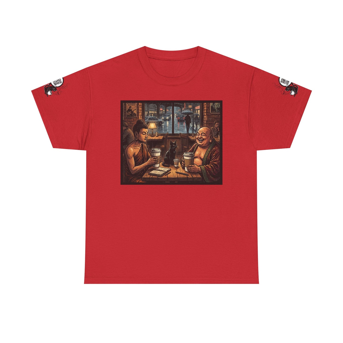 PBFMF w/SleeveQR - Buddha Night Cafe T‑Shirt — Relaxed Vintage Asian Tea House Art Tee