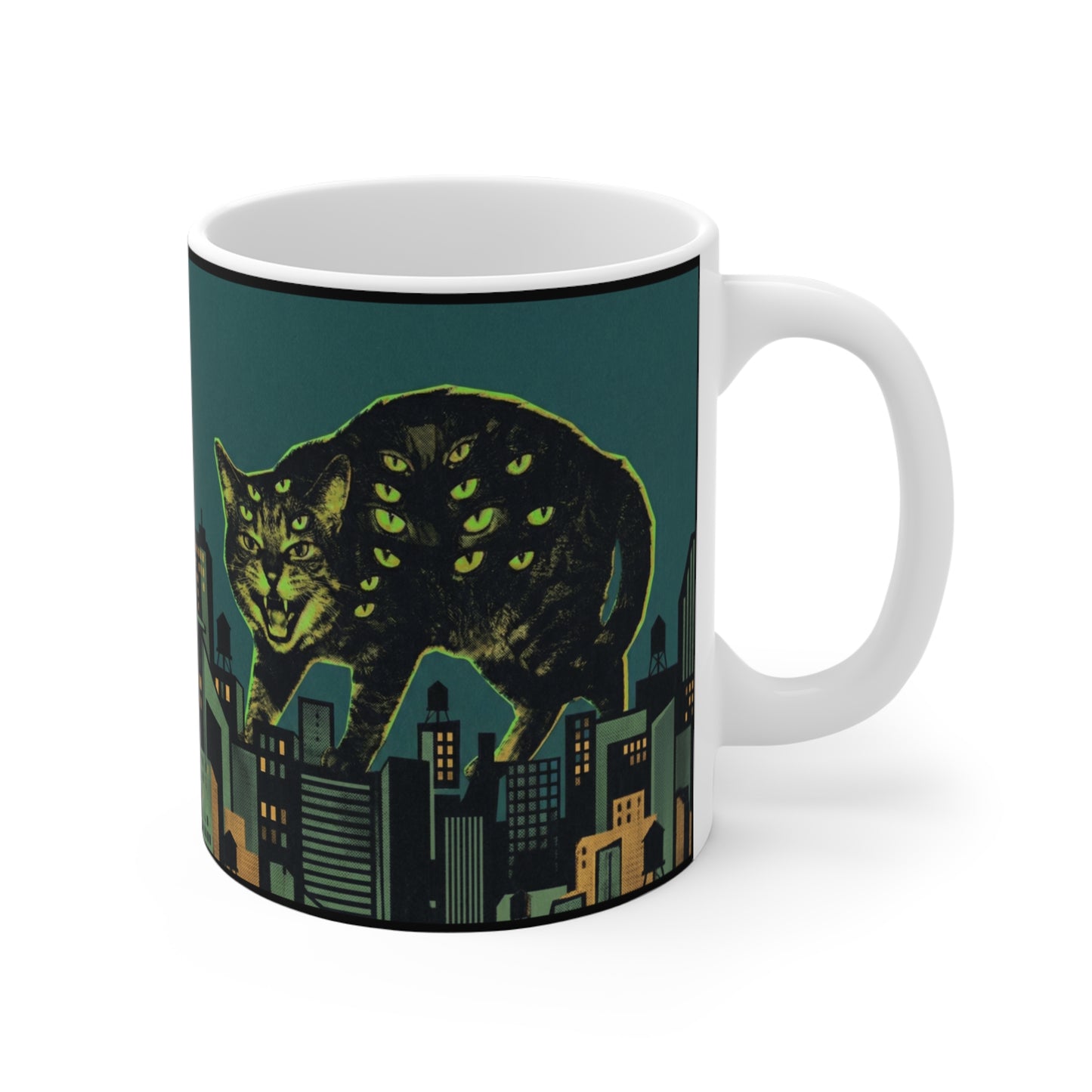 CityCat - Green Collage Poster - 11oz Mug Ambi Handle — Vintage Noir Urban Kitty Design (Meowhaus Designs)