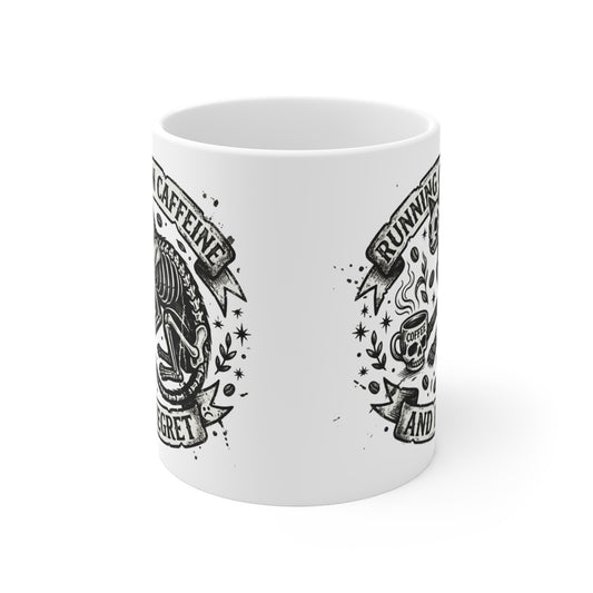 VOID - Running on Caffeine and Regret Coffee Mug — Skeleton Cat Skull Design, Gothic Coffee Cup, Funny Dark Humor Gift for Cat Lovers