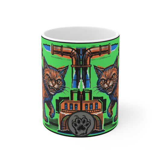 IndustrialCat - Green Collage Poster - 11oz Mug Ambi Handle - Industrial Steampunk Cat Mug – Orange Tabby, Gears & Pipes 11oz