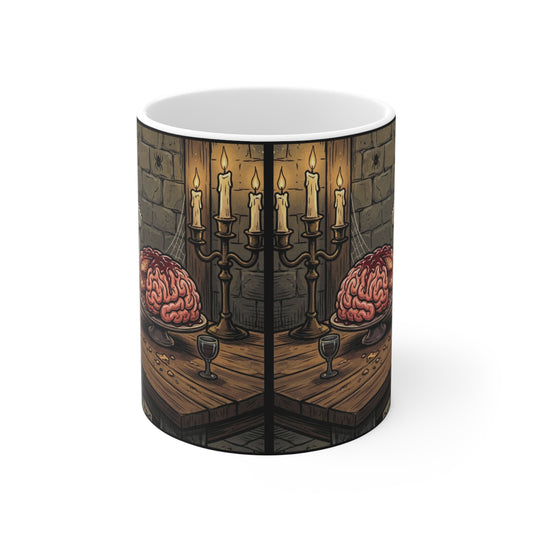 Sweet Treat - 11oz Mug Ambi Handle - Skeleton Feast Coffee Mug — Gothic Brain Dessert Treat, Halloween Humor