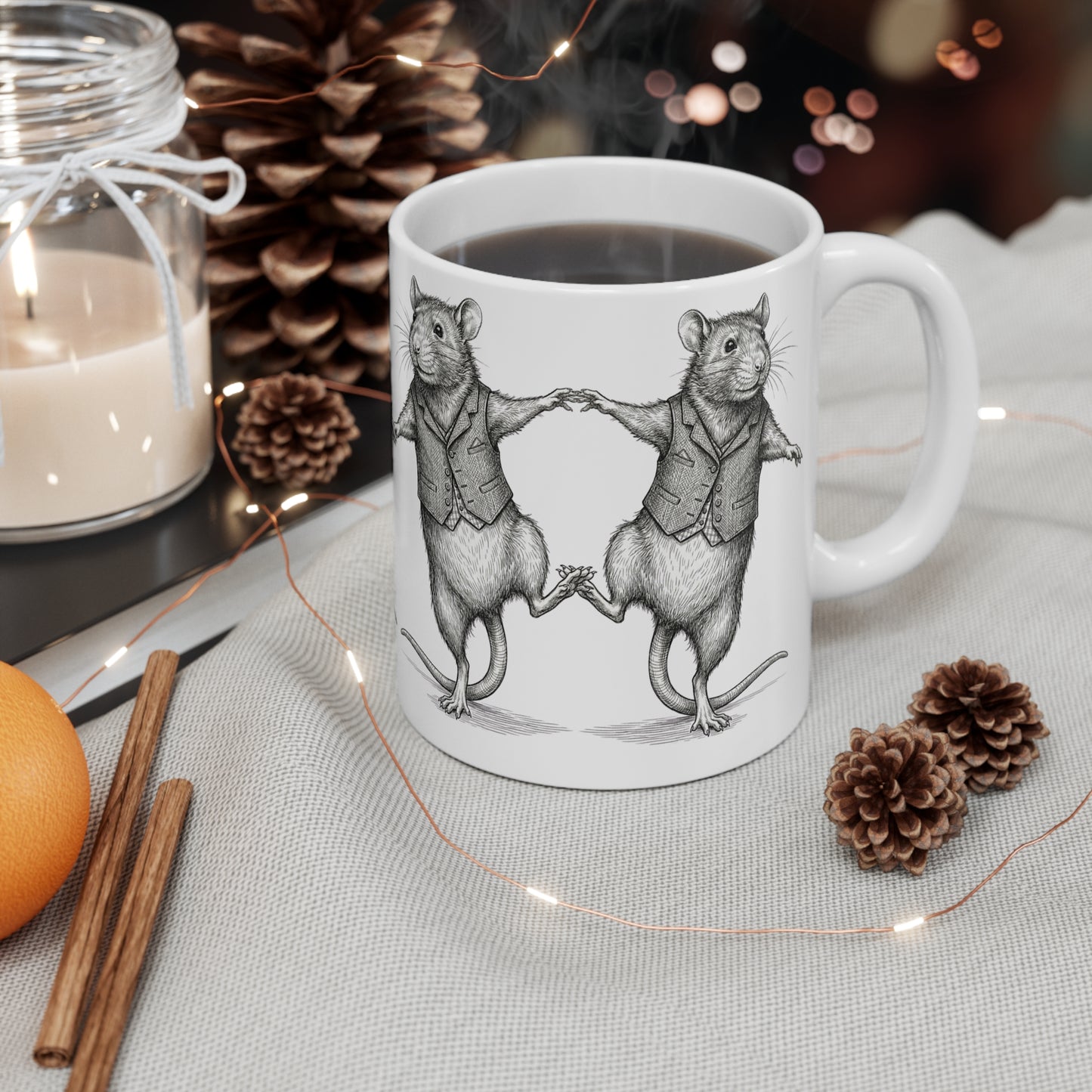 Ratney - Just A Little Dance - 11oz Mug Ambi Handle - Cute Adorable Dancing Rats – Whimsical Vintage Rodent Illustration