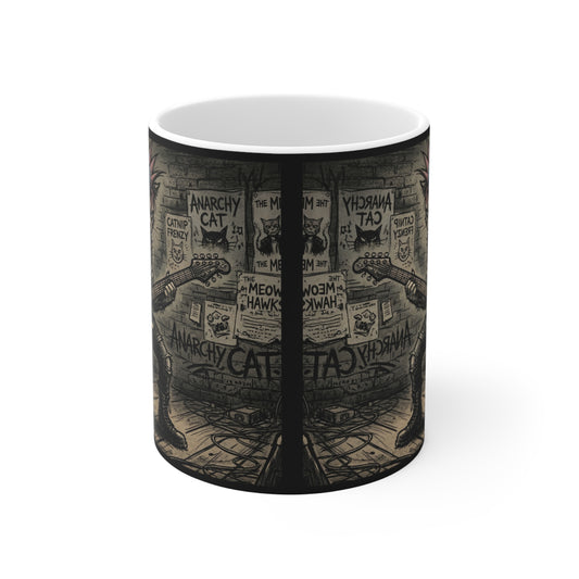 PunkCat - At The Club - 11oz Mug Ambi Handle - Punk Rock Cat Mug — 11oz Guitarist Cat Illustration Coffee Cup