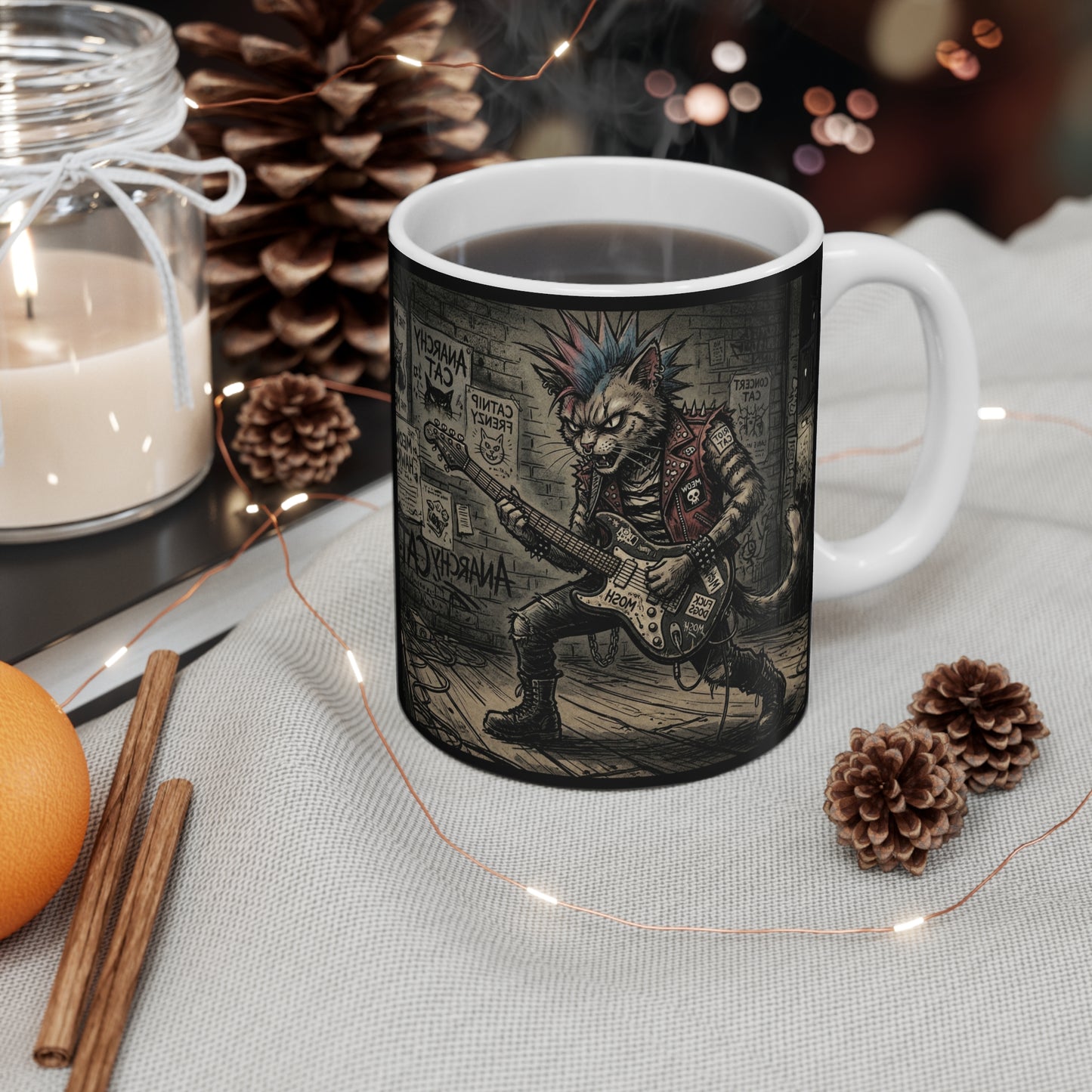 PunkCat - At The Club - 11oz Mug Ambi Handle - Punk Rock Cat Mug — 11oz Guitarist Cat Illustration Coffee Cup