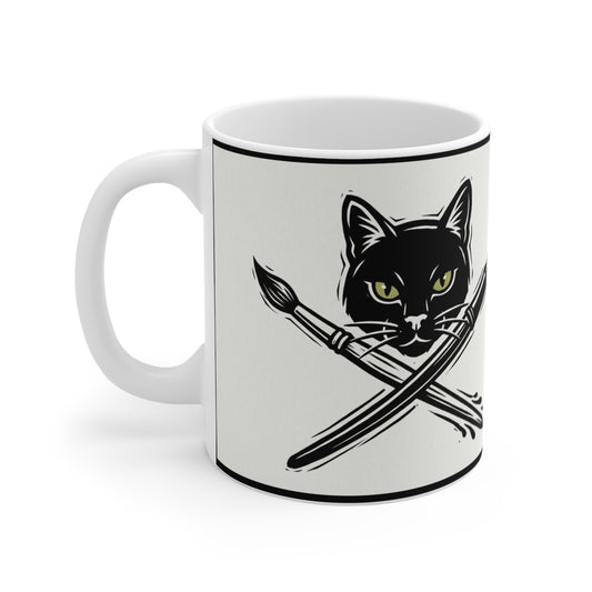 CreativeCat - 11oz Mug Left Handle - Artist Cat Mug — Black Cat with Crossed Paintbrush & Pen 11oz