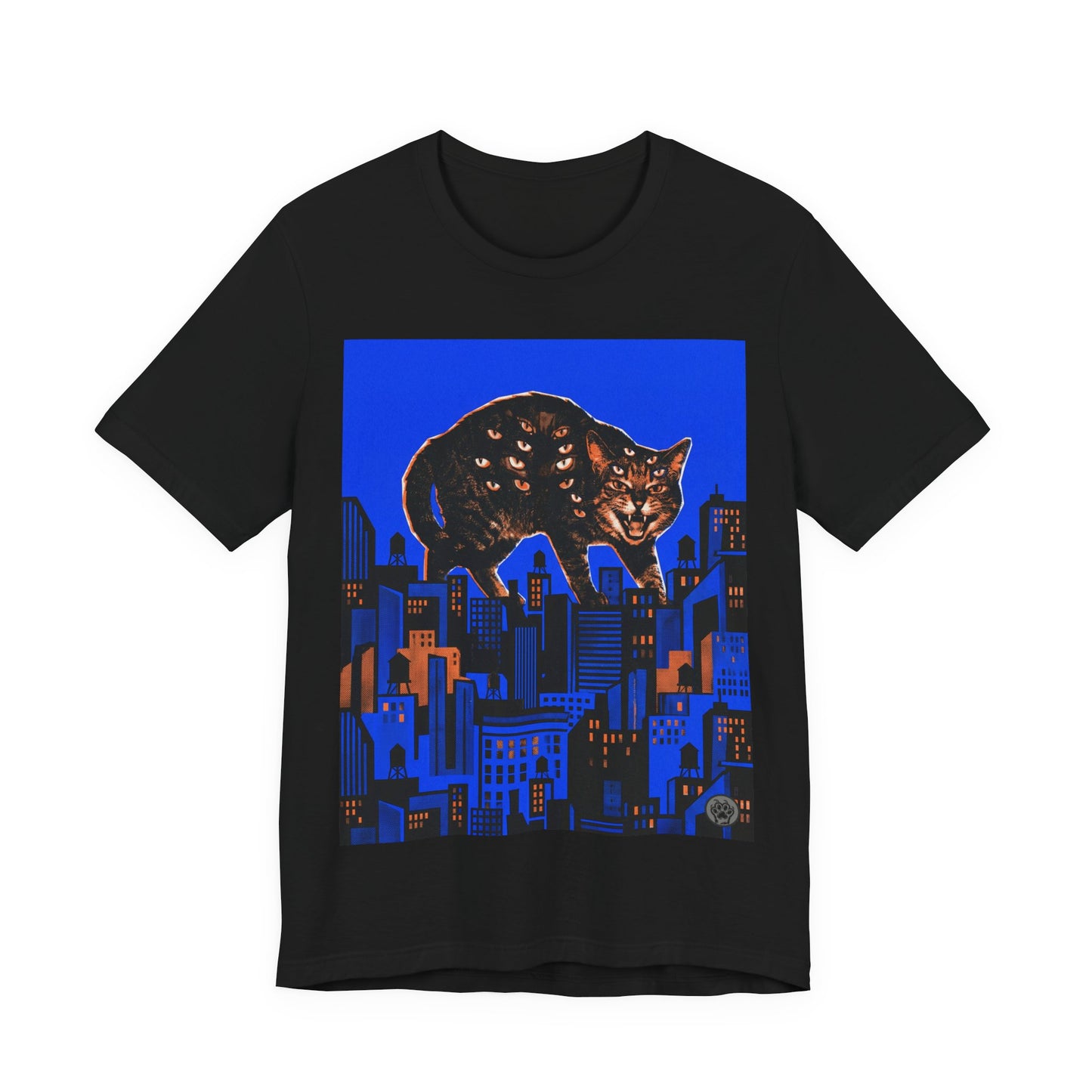 City Cat Attacks! - Collage Poster Blue Vertical - Black Cat Over Cityscape T-Shirt — Halloween Urban Night Graphic Tee