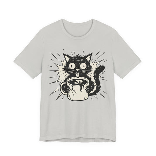 VOID - Cat & Coffee Tee — Cute Crazy Cat Holding Mug Graphic T-Shirt
