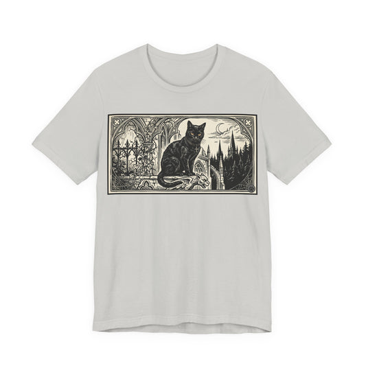 DarkArts Collection - Cat Horizontal - Vintage Gothic Black Cat T-Shirt — Moonlit Cathedral Illustration Tee