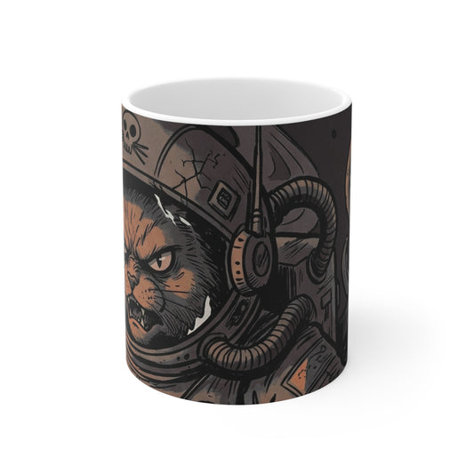 AlienCat Astronaut - Dark - 11oz Mug Left Handle — Vintage Space Pirate Design, 11oz Coffee Tea Mug
