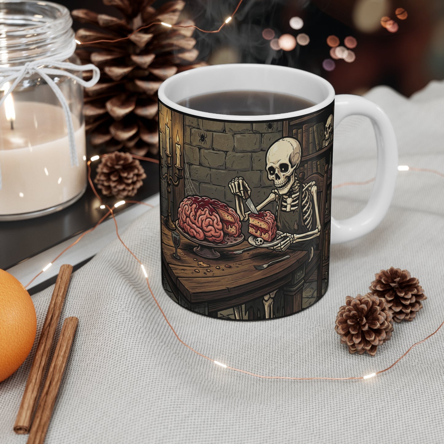 Sweet Treat - 11oz Mug Ambi Handle - Skeleton Feast Coffee Mug — Gothic Brain Dessert Treat, Halloween Humor
