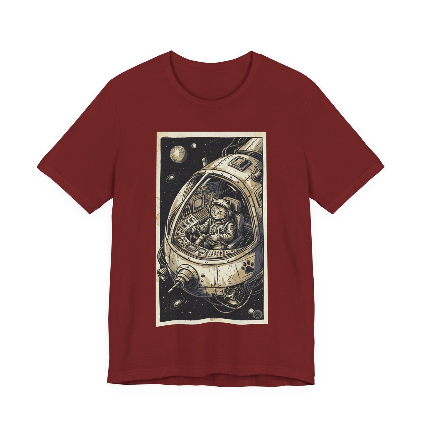 SpaceCat - To The Rescue! - Cat Astronaut in Rocket Capsule Graphic Tee – Vintage Style Space Pilot Illustration