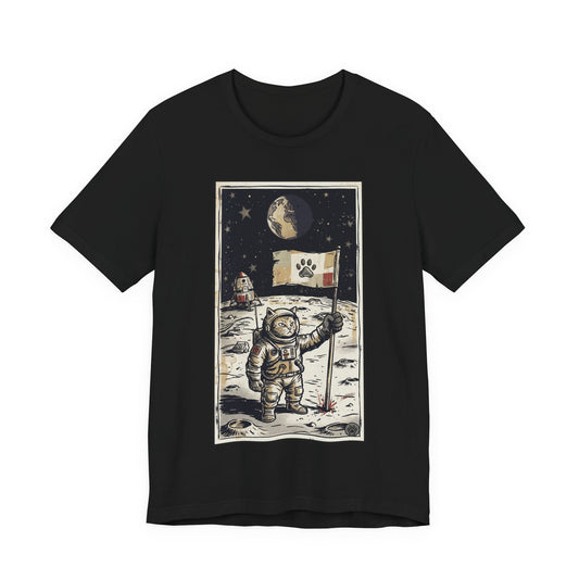 SpaceCat - Conquers The Moon! - Astronaut Cat Moon T-Shirt — Vintage Styled Space Kitty Flag Tee