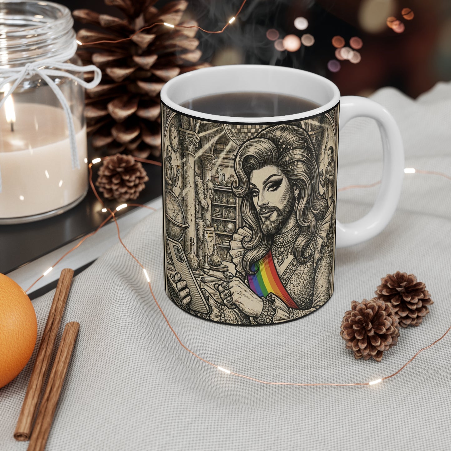 Drag Queen Jesus - Making The Call! - 11oz Mug Ambi Handle — Vintage-Style Drag Icon Mug with Rainbow Sash (11oz)
