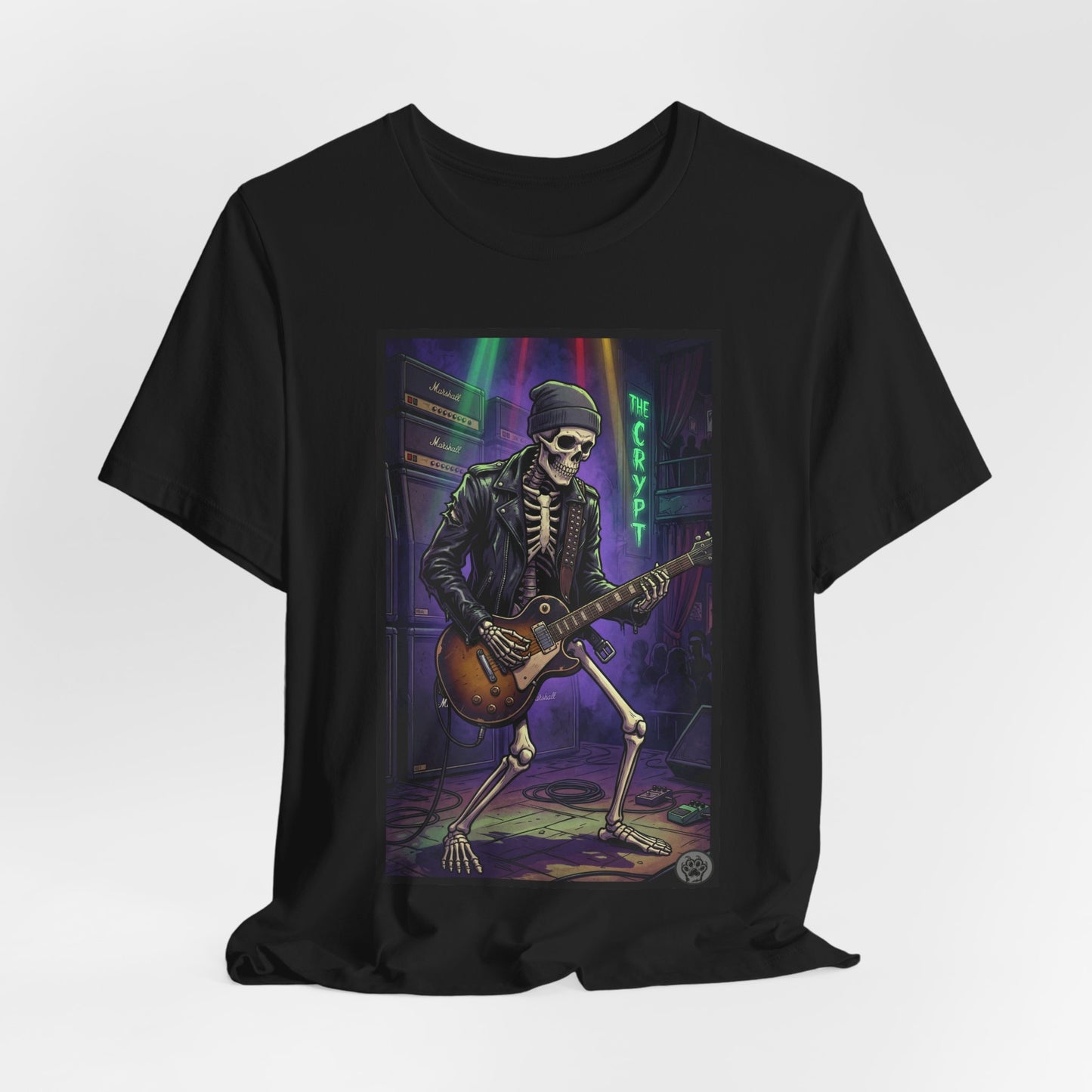 Bonesy - "At The Crypt" - Skeleton Rock Guitar Tee – Retro Neon Night Music T-Shirt