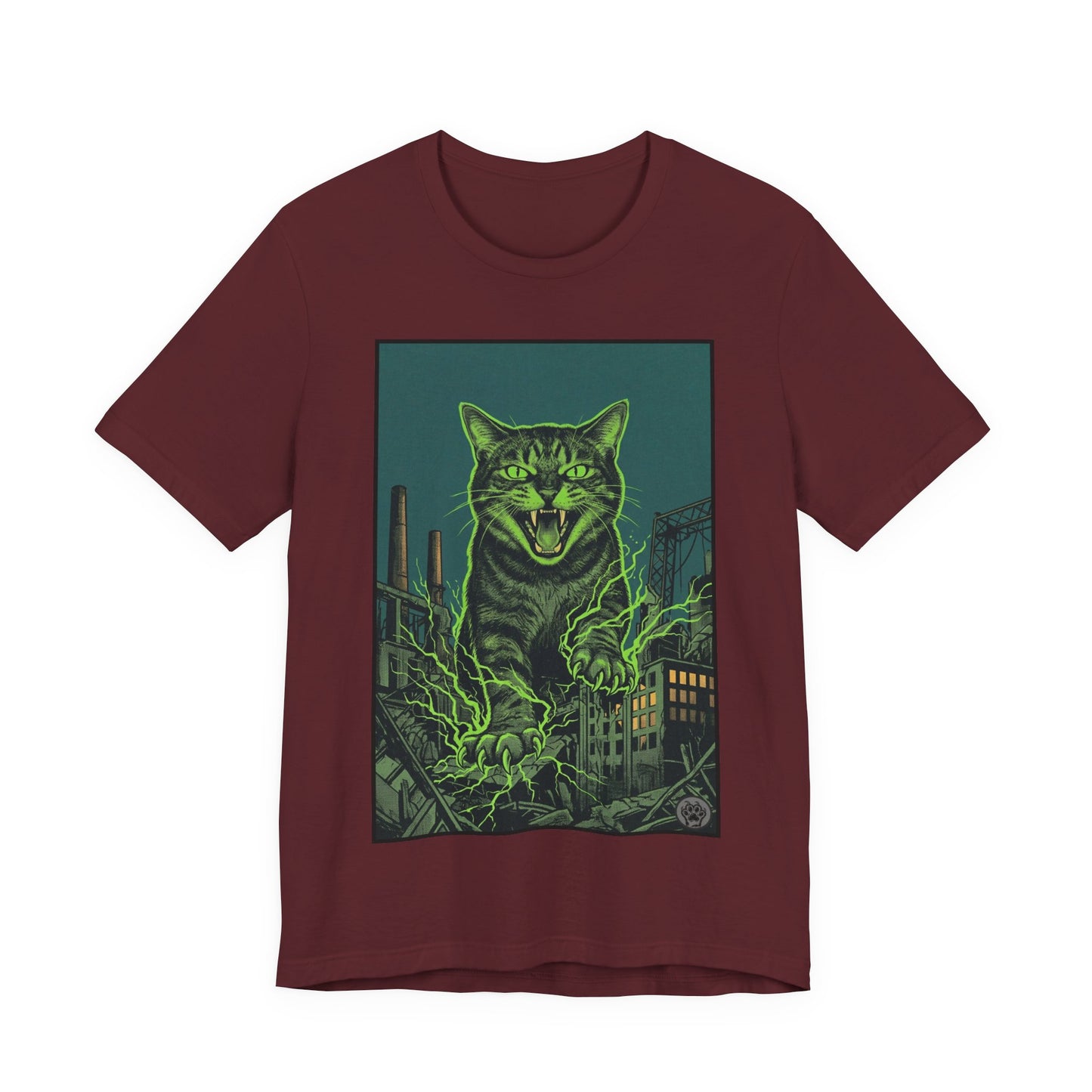 City Cat Attacks! Green Electricity Giant Neon Cat Rampage T‑Shirt — Retro Monster City Graphic Tee