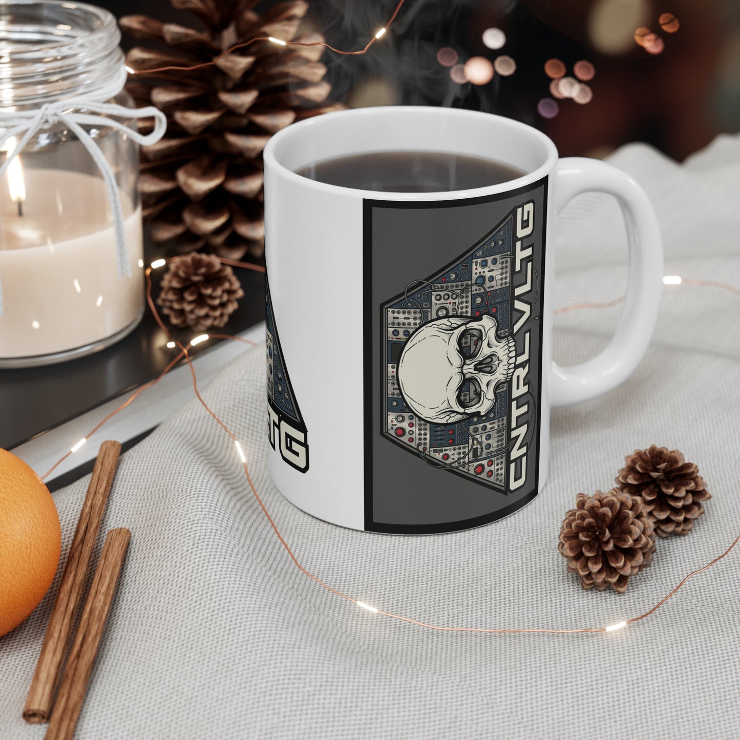CV Control Coltage TriBase White/Grey - 11oz Mug Ambi Handle — Skull & Modular Analog Synthesizer 'CNTRLVLTG' Electronic Music Coffee Mug