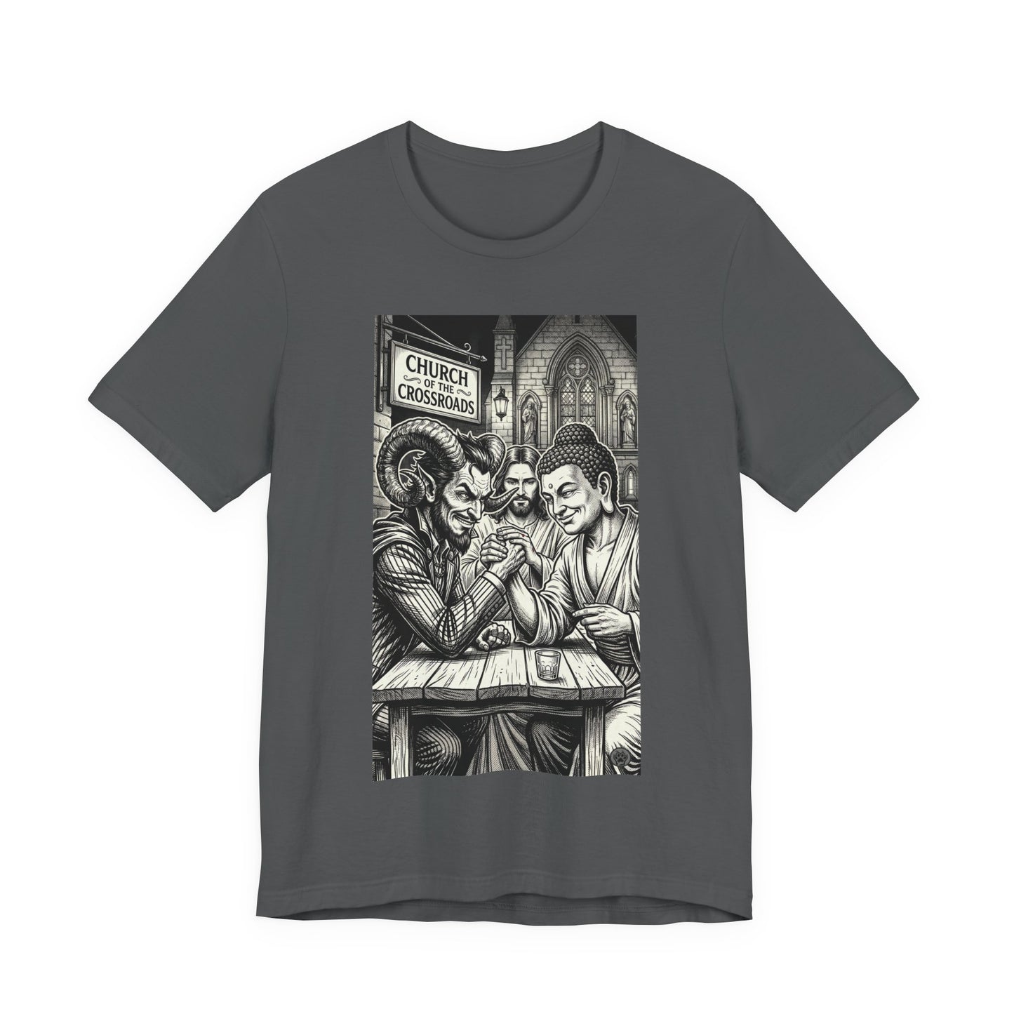 Crossroads T-Shirt — Religious Humor Satirical Arm Wrestling Graphic Tee