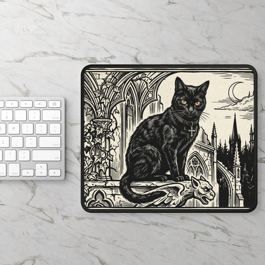 DarkArts - Cat 1 - Black Gothic Cat Gaming Mouse Pad — Vintage Cathedral Horror Desk Mat