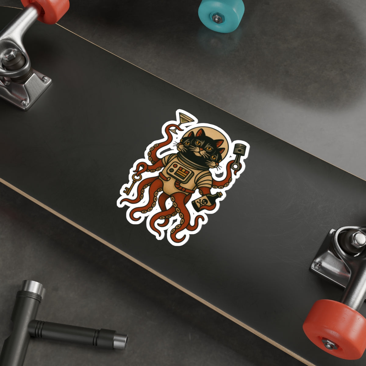 AlienCat Astronaut Vintage Tattoo Design Cat Die-Cut Sticker – Retro Space Kitty with Tentacles