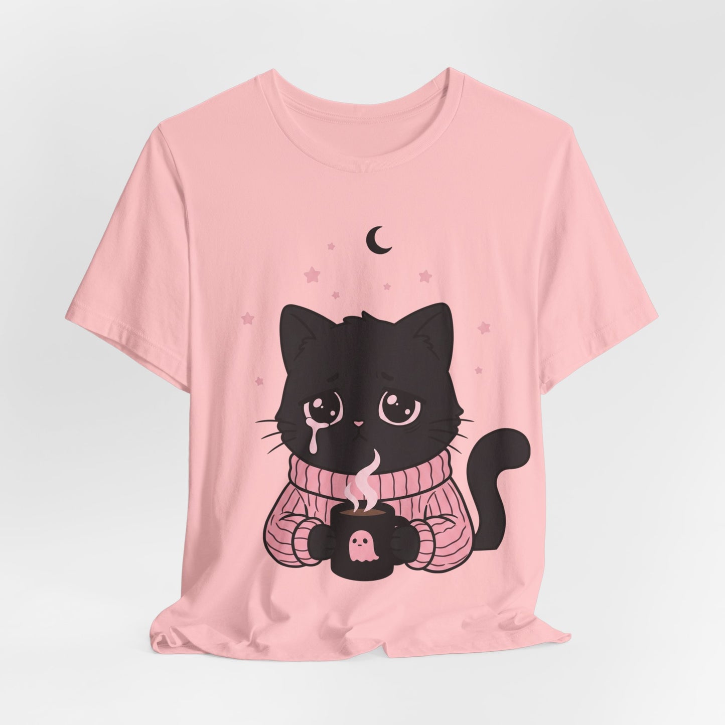 VOID - Cute Sad Black Cat Holding Hot Coffee T‑Shirt — Cozy Pink Sweater Kitty Tee