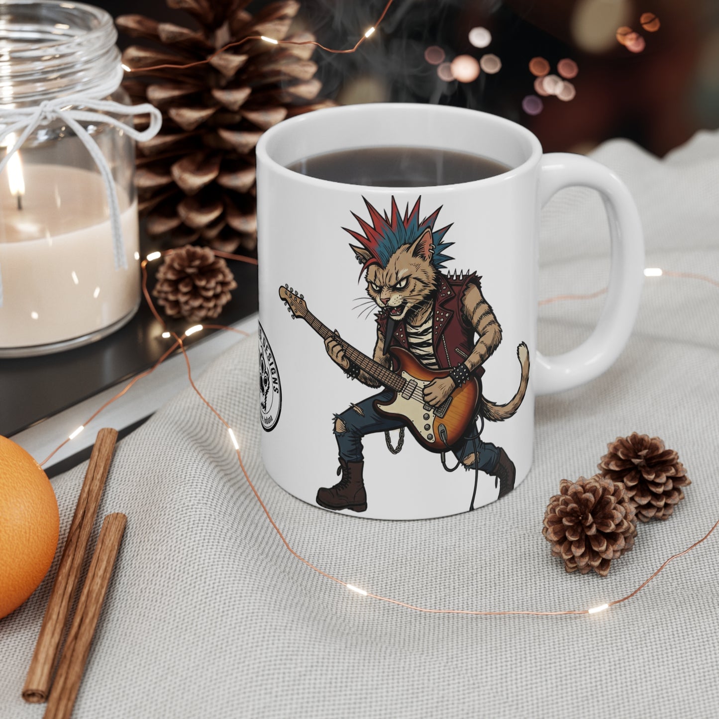 PunkCat - 11oz Mug Ambi Handle — Punk Rock Cat Playing Guitar 11oz Ceramic Coffee Mug