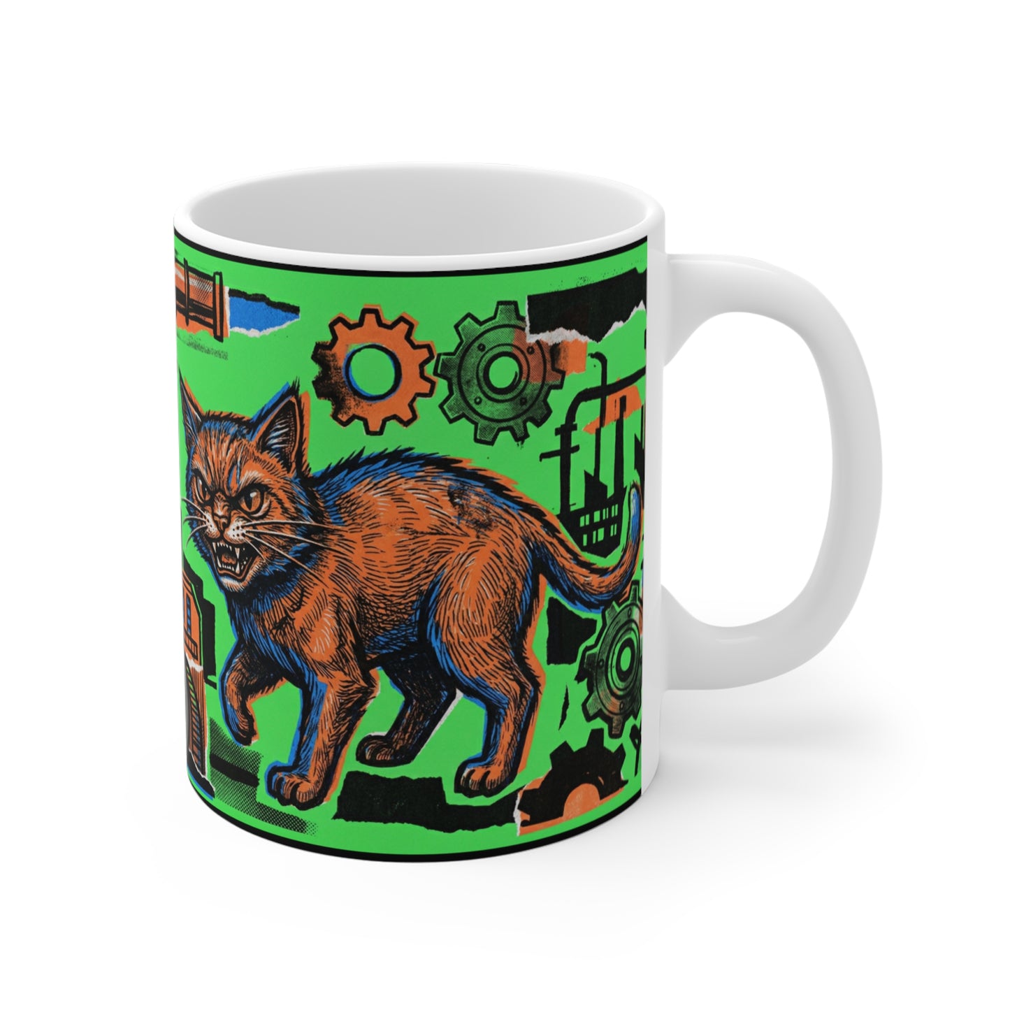 IndustrialCat - Green Collage Poster - 11oz Mug Ambi Handle - Industrial Steampunk Cat Mug – Orange Tabby, Gears & Pipes 11oz