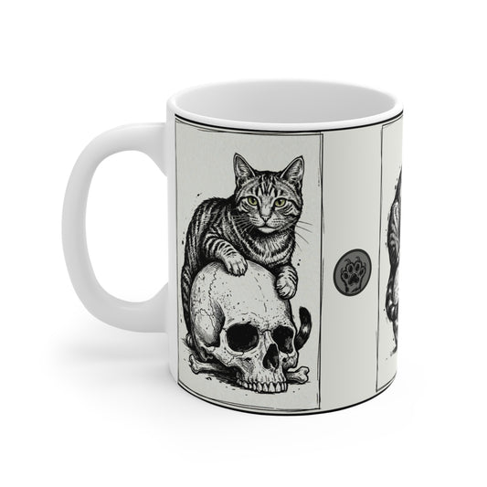 Three Cats on Skulls - 11oz Mug Ambi Handle — Gothic Cat Coffee Cup