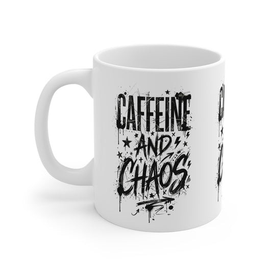 VOID - Caffeine and Chaos Mug — 11oz Coffee Cup with Bold Graffiti Typography