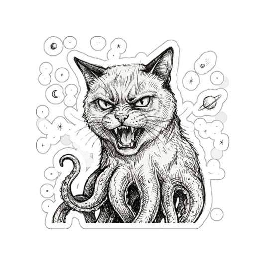 AlienCat In Space! - Mutant Creature Die-Cut Sticker — Black & White Gothic Cat with Octopus Tentacles