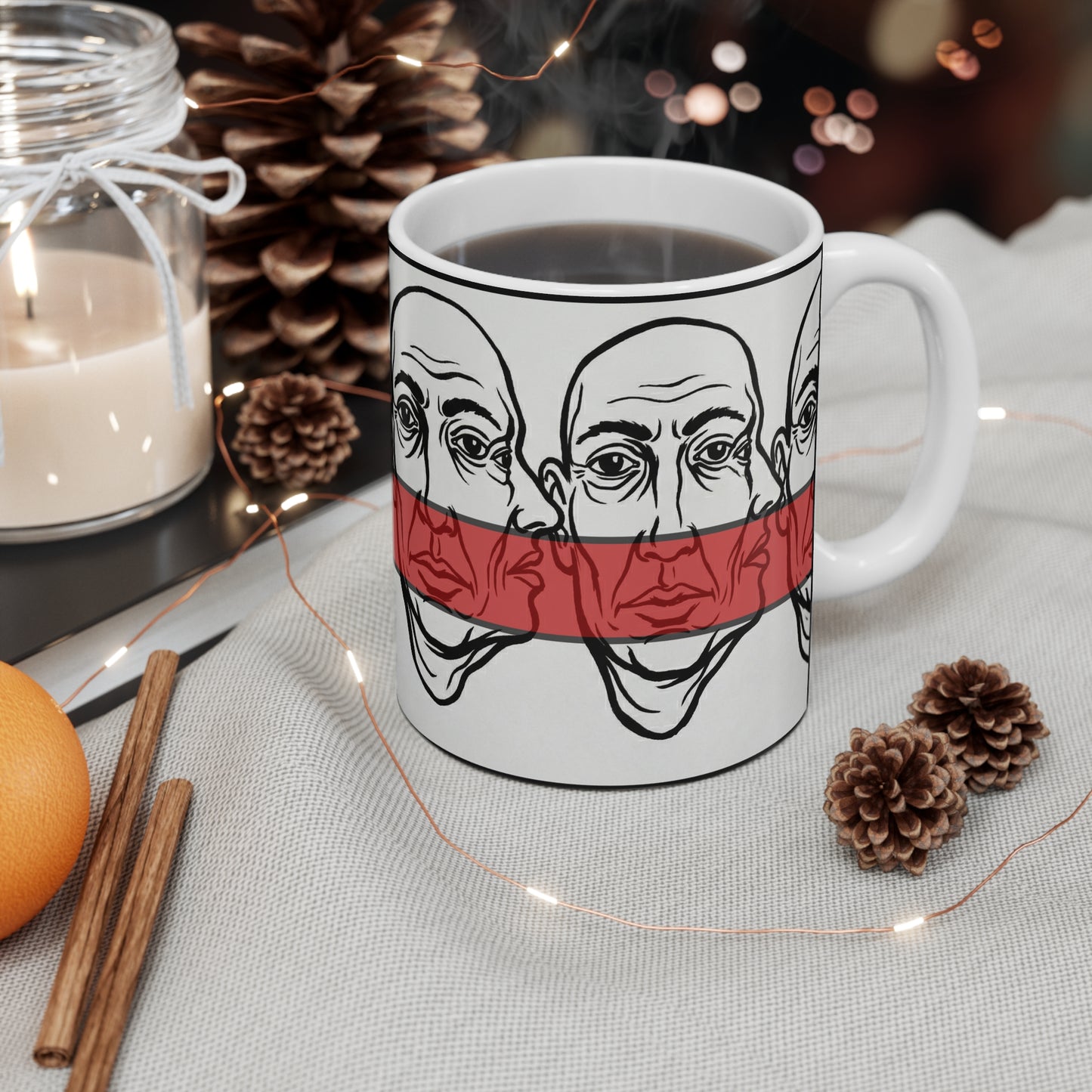 HotGossip - New Design 1 - 11oz Ceramic Mug Ambi Handle — Double Face Line Art with Red Stripe | Surreal Minimalist Coffee Cup