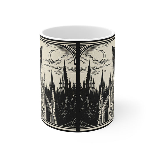 DarkArts - Cat - 11oz Mug Ambi Handle - Black Cat Cathedral Mug — Gothic 11oz Coffee Cup with Moonlit Spires