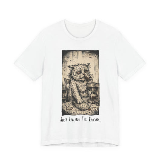 Scraps - Tired Cat Illustration Tee — "Just Living the Dream" Vintage Coffee Cat T-Shirt