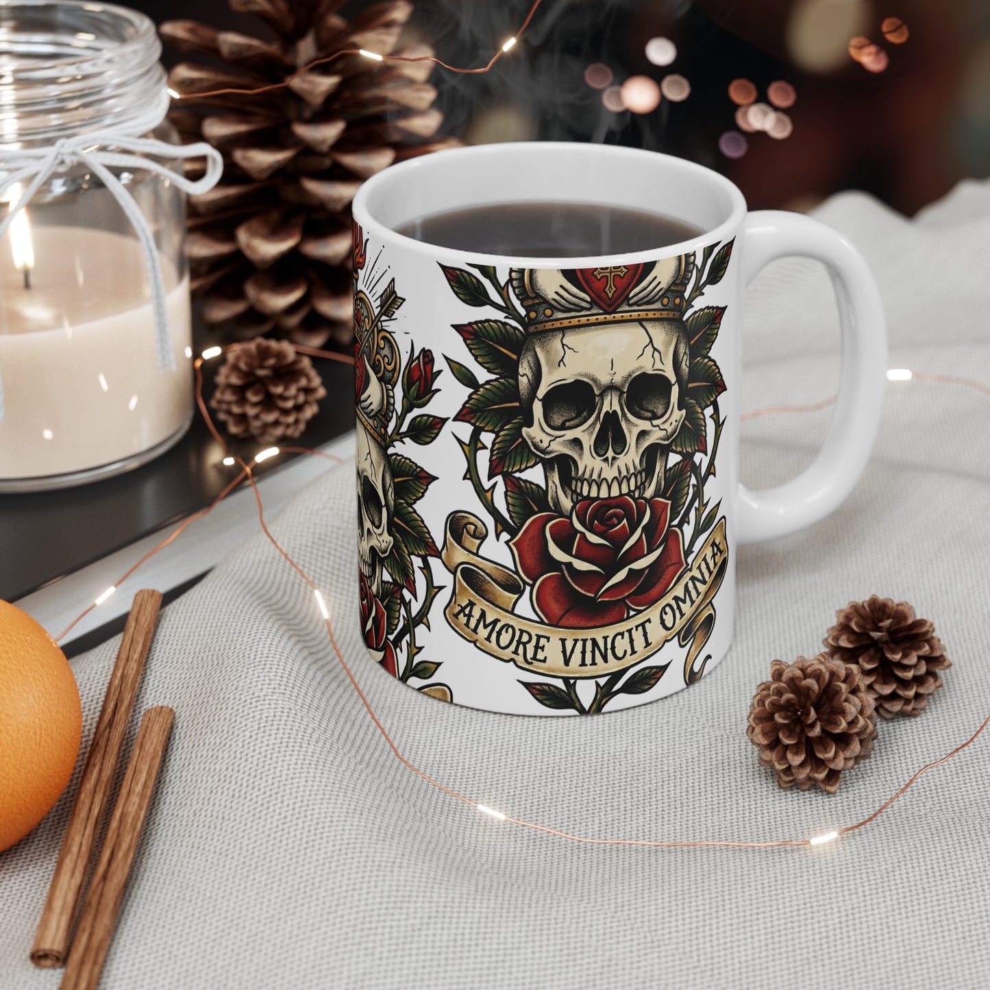 AVO - V2 #2 Claddagh Crown - 11oz Mug Ambi Handle - Skull & Rose Ceramic Mug — 'Amor Vincit Omnia' Gothic Tattoo Coffee Cup (11 oz)