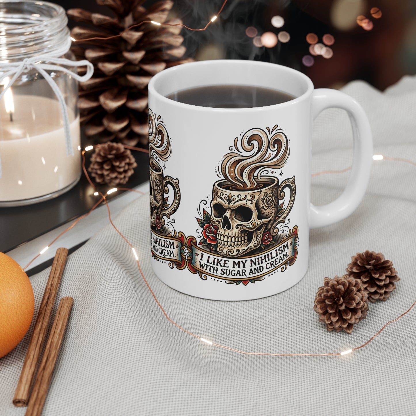 VOID - Vintage Tattoo Skull Coffee Mug - “I Like My Nihilism With Sugar and Cream” 11oz