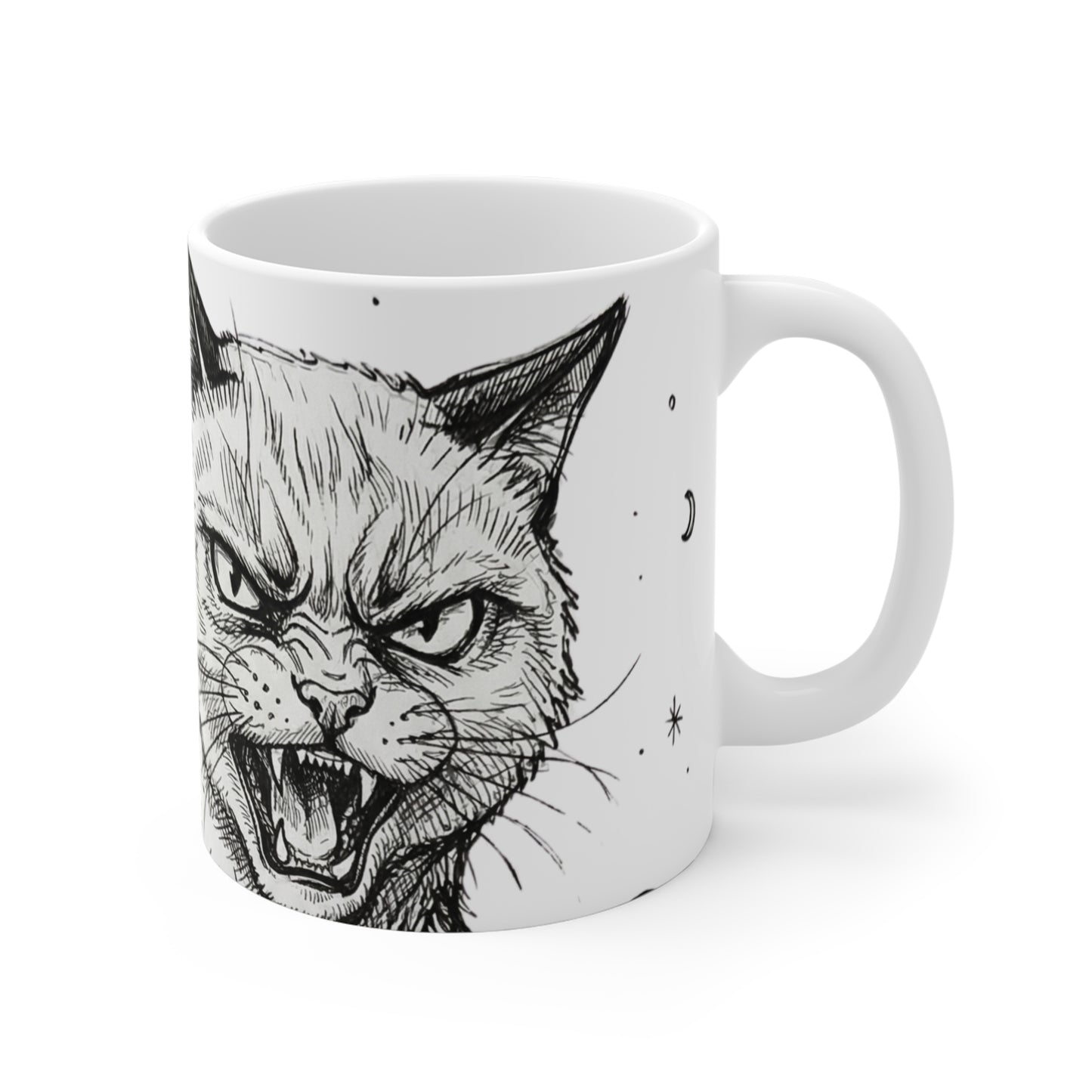 AlienCat In Space! - Big - 11oz Mug Right Handle — Vintage Black & White Astro Cat Coffee Cup