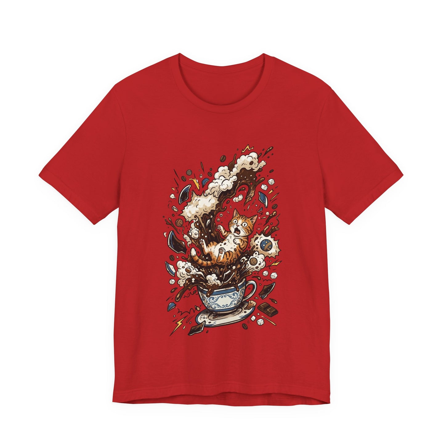 VOID - Cat Coffee Splash T‑Shirt — Cute Kitten Popping Out of Exploding Coffee Cup Tee