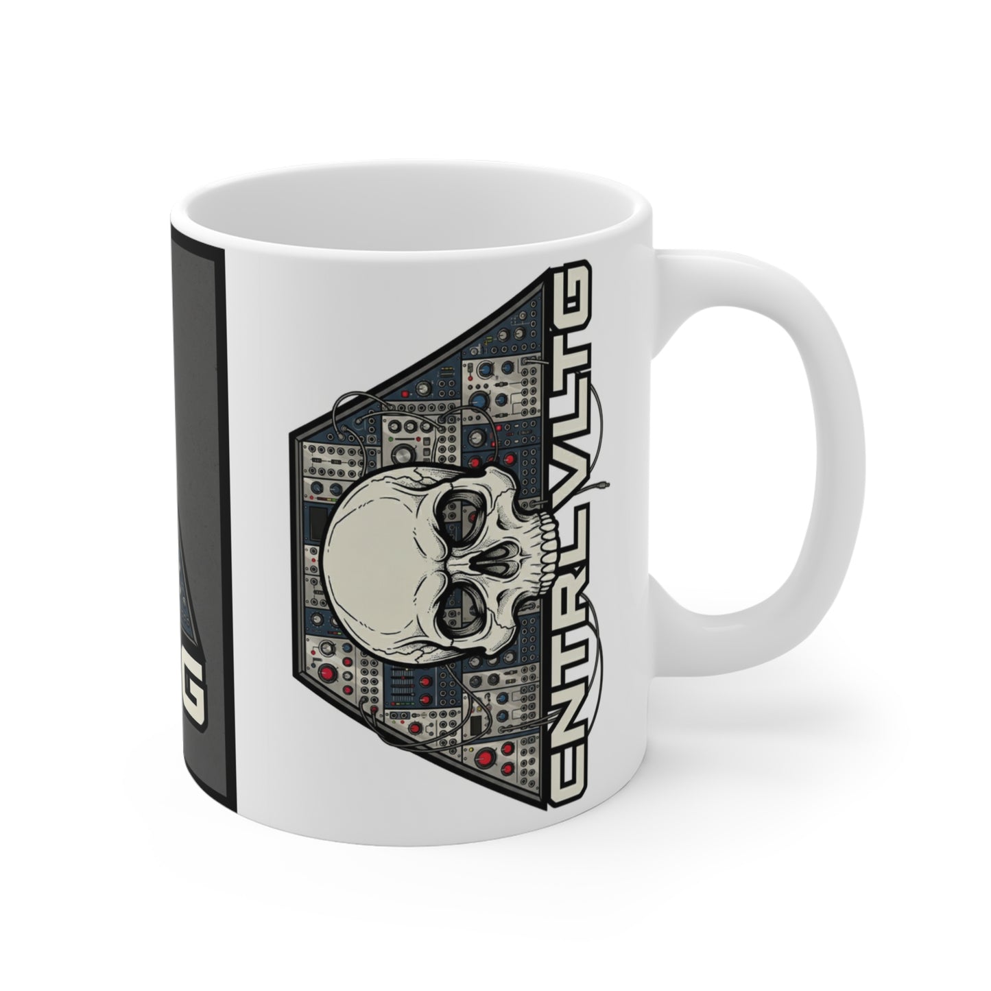 CV Control Voltage TriBase Grey/White - 11oz Mug Ambi Handle - Skull Modular Analog Synthesizer Mug – Control Voltage (CNTRLVLTG) Music Producer Coffee Cup