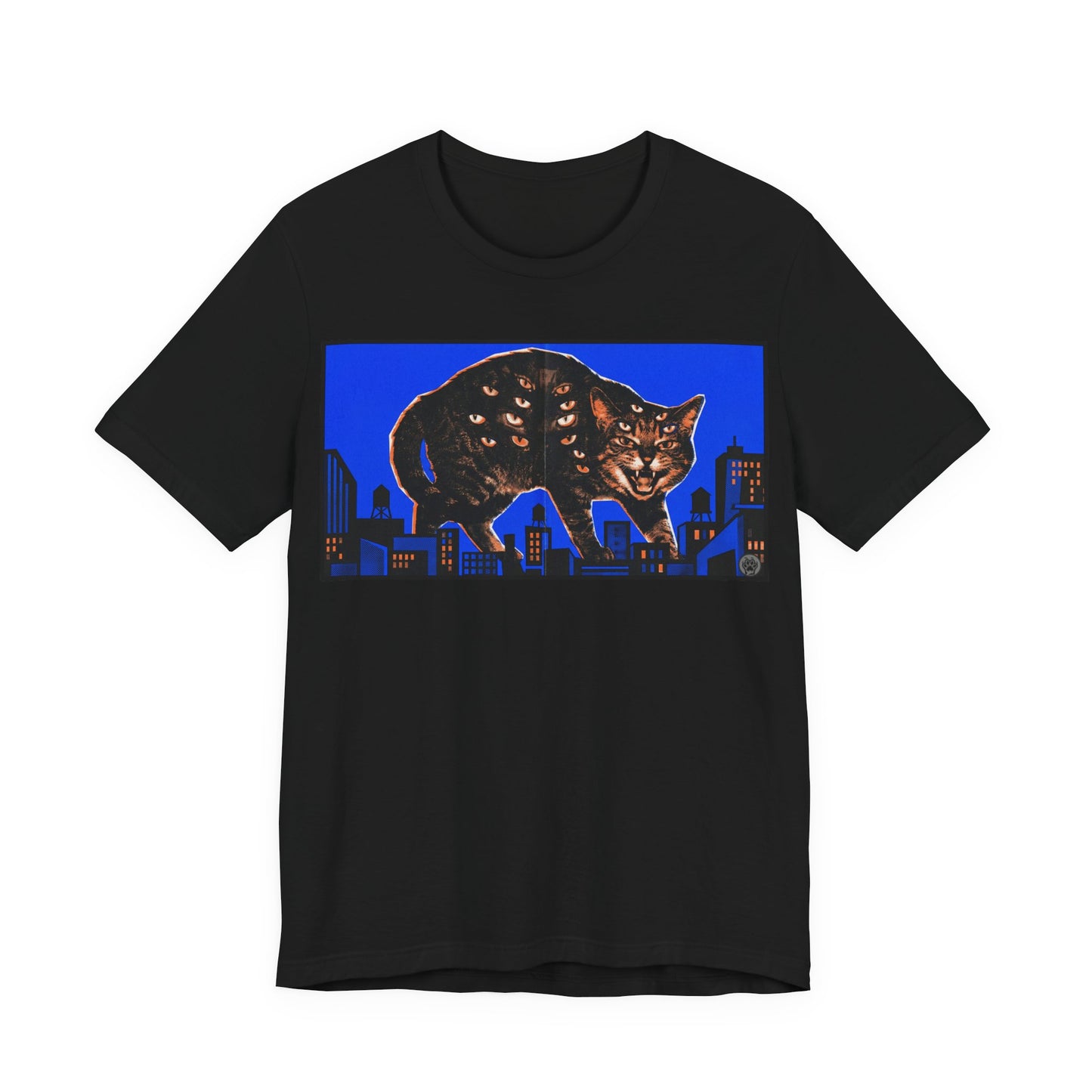 City Cat Attacks! - Blue Horizontal Collage Poster - Black Cat Skyline Tee — Retro Night City Cat Graphic T-Shirt