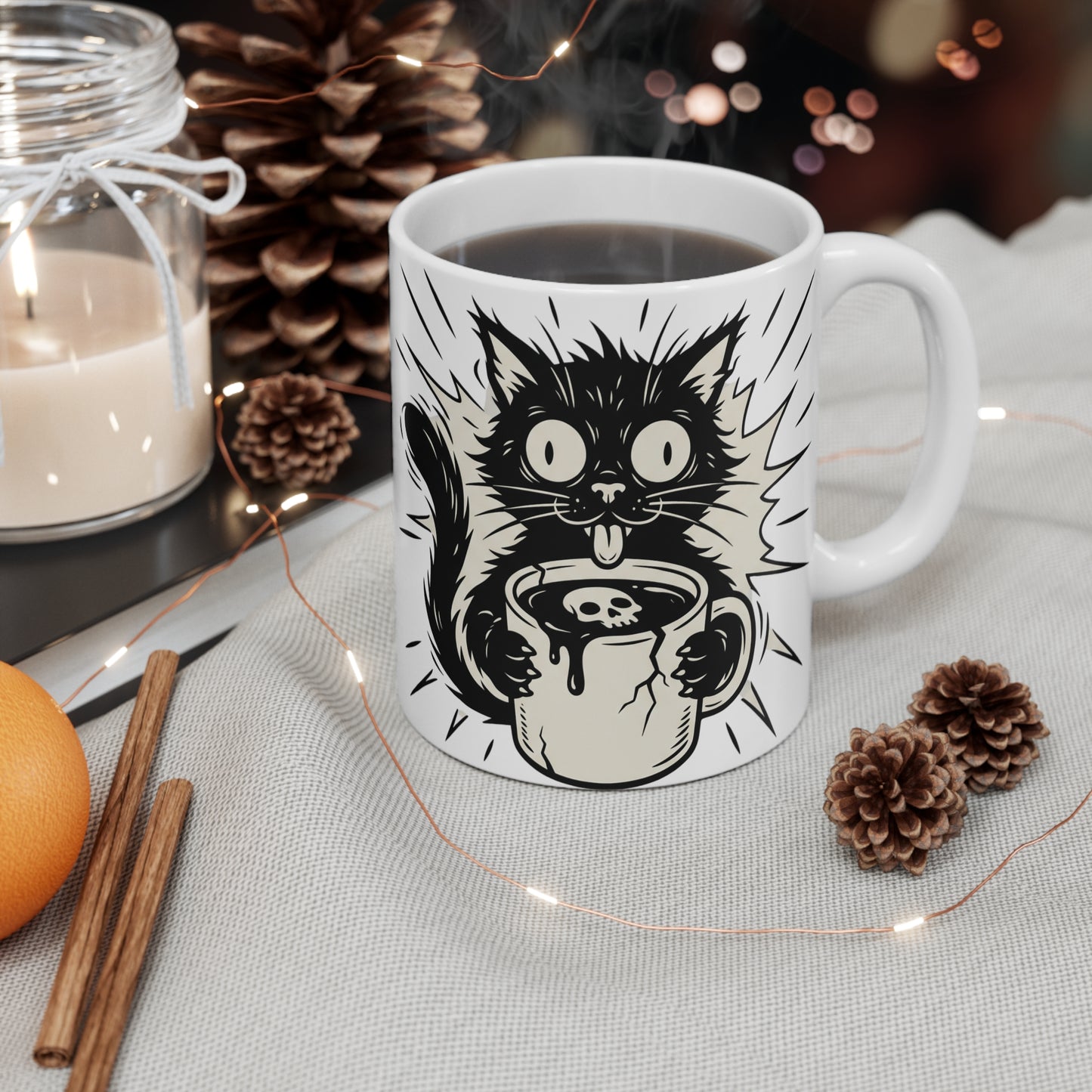 VOID - Cat Coffee Mug — Cute Spooky Black Cat Drinking Coffee 11oz